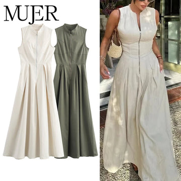 Elegant Pleated Maxi Dress – Sleeveless Zipper Front Summer Party Dress