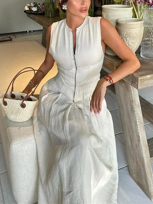 Elegant Pleated Maxi Dress – Sleeveless Zipper Front Summer Party Dress